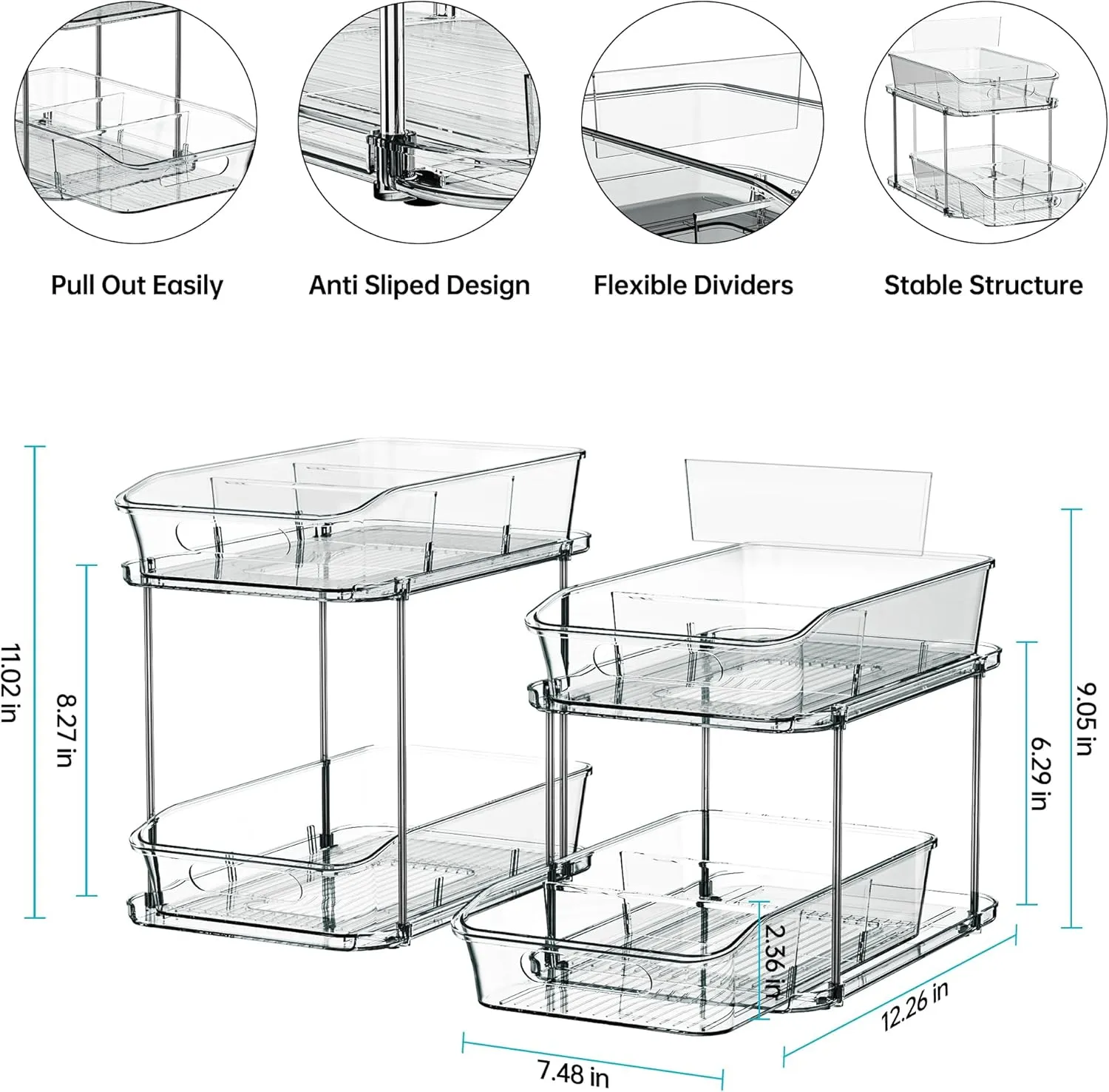 Delamu 2 Sets of 2-Tier Clear Under Sink Organizers and Storage, Multi-Purpose Stackable Bathroom Cabinet organizers, Grey