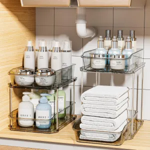 Delamu 2 Sets of 2-Tier Clear Under Sink Organizers and Storage, Multi-Purpose Stackable Bathroom Cabinet organizers, Grey