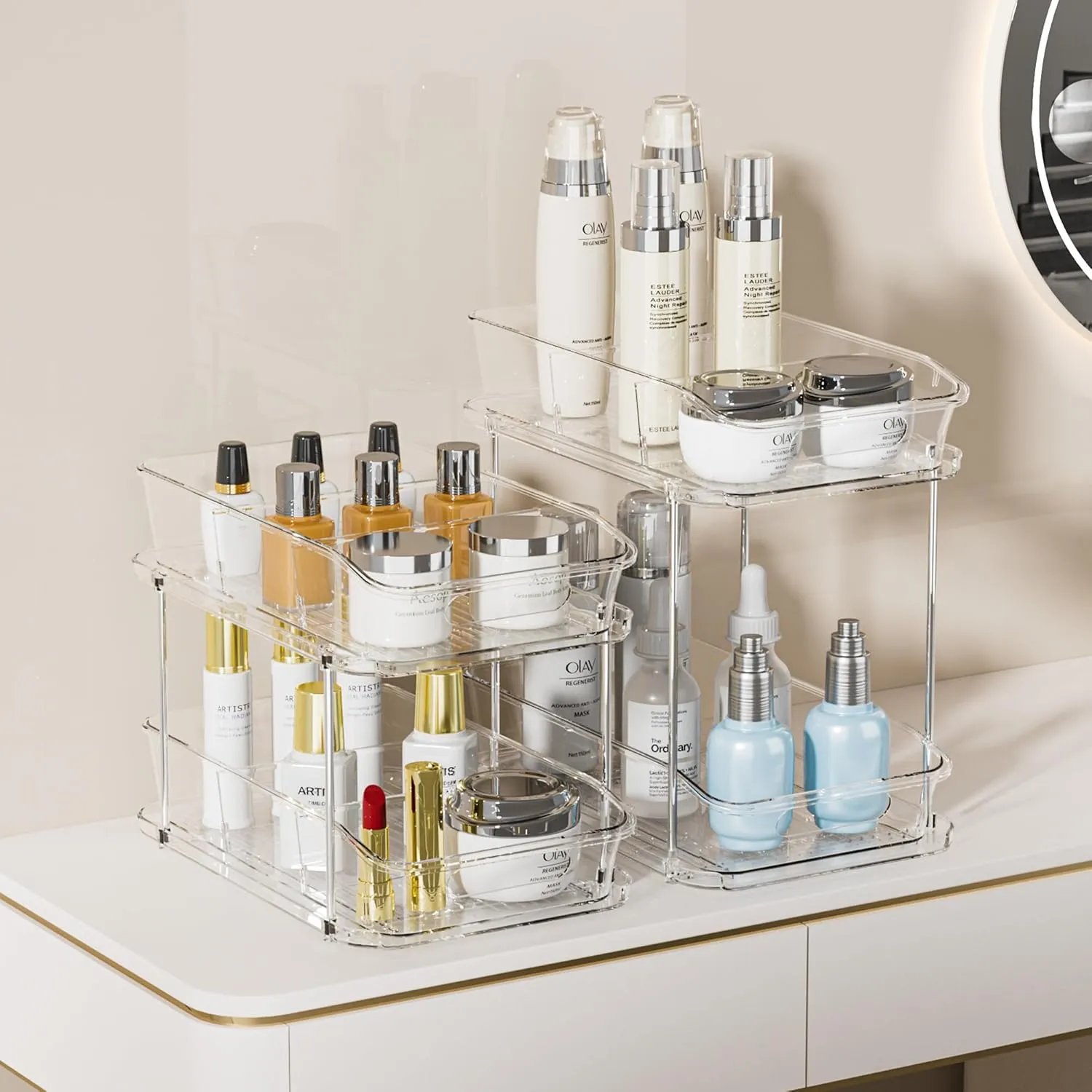 Delamu 2 Sets of 2-Tier Clear Under Sink Organizers and Storage, Multi-Purpose Stackable Bathroom Cabinet organizers, Pull Out Kitchen Pantry Organization and Storage with Dividers