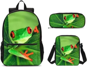 Delerain Frog Green Leaves 3 Pcs Backpack Set for Kids Back to School Bookbag with Lunch Box and Pencil Case Durable Lightweight Travel for Teens Students Boys Girls