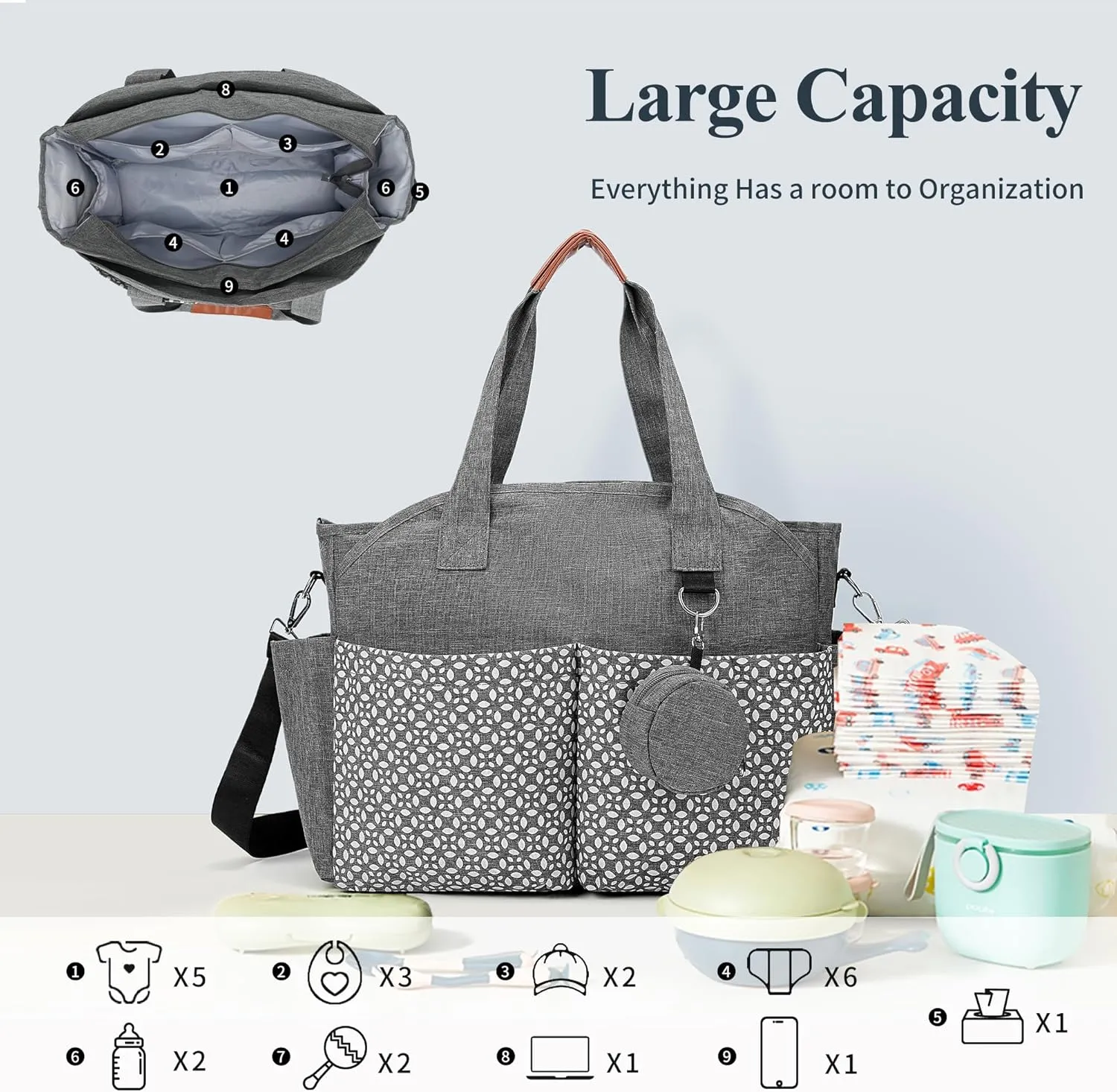 Diaper Bag Tote, Large Diaper Bag with Pacifier Case Travel Diaper Tote for Mom with Changing Station Multifunction