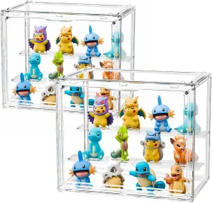 Display Case for Figurines, Acrylic Clear Box for Collectibles, Adjustable Layers for Figures Stackable Makeup Storage Box 27×23×18cm (Clear 2 Pack, Small)