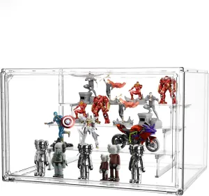 Display Case for Figurines, Acrylic Clear Box for Collectibles, Adjustable Layers for Figures Stackable Makeup Storage Box 36×27×23cm (Clear 1 Pack, Large)