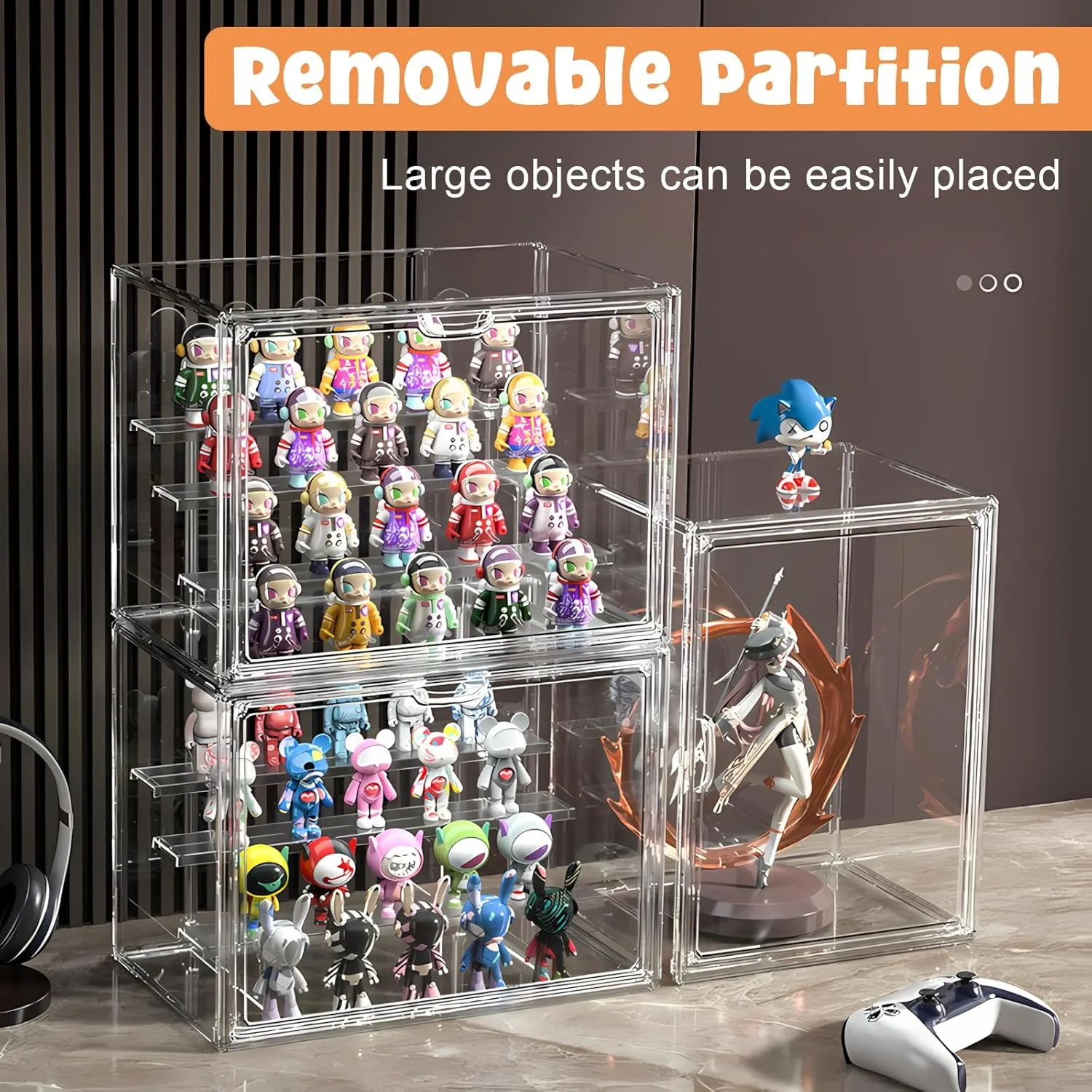 Display Case for Figurines, Acrylic Clear Box for Collectibles, Adjustable Layers for Figures Stackable Makeup Storage Box 36×27×23cm (Clear 1 Pack, Large)