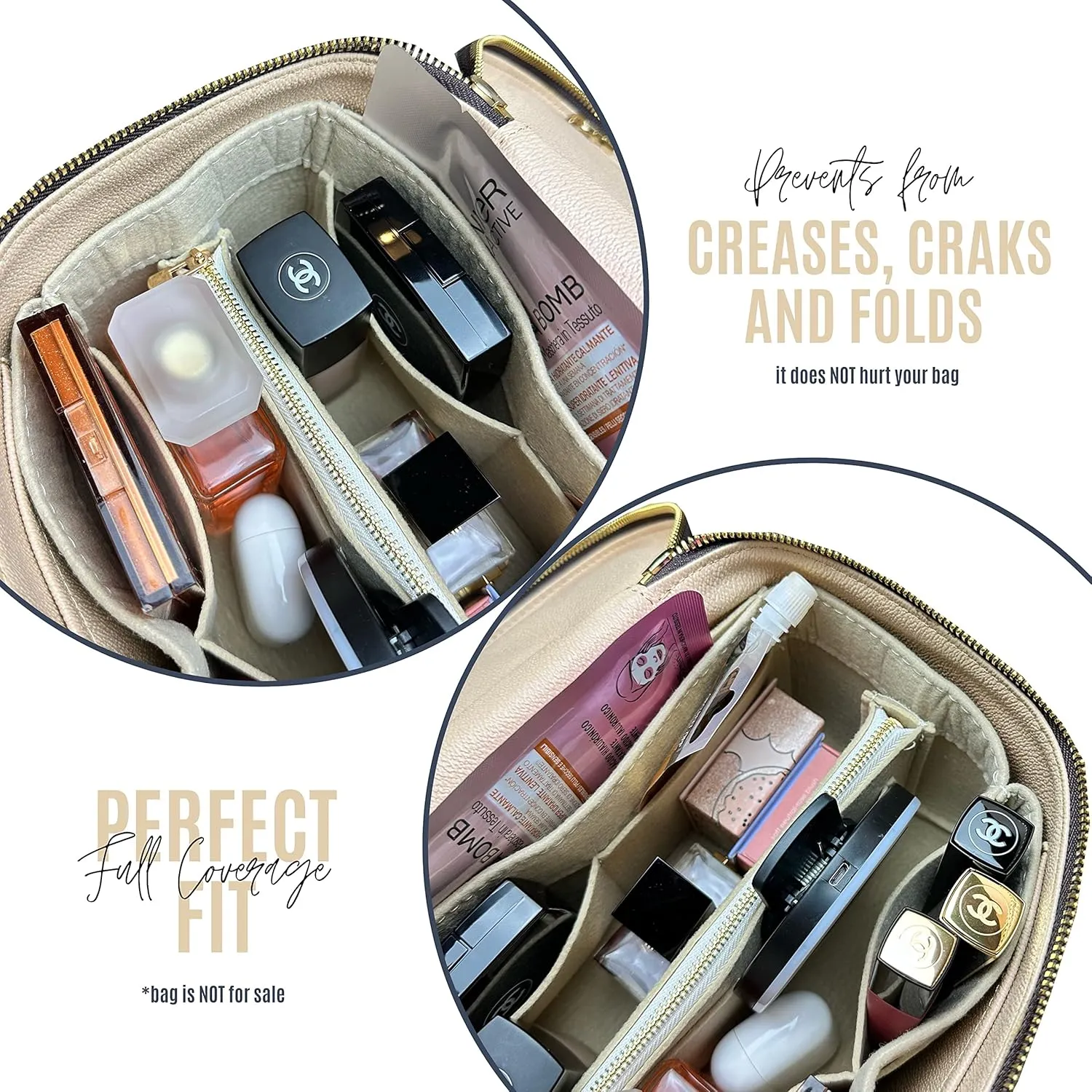 Divitize Premium Bag Organizer for Nice bb Organizer Insert, Handmade Liner Protector Fits Nice Mini Vanity PM Organizer, Nice Makeup Bag Felt Snug Sturdy Fit (Nice BB, Beige)