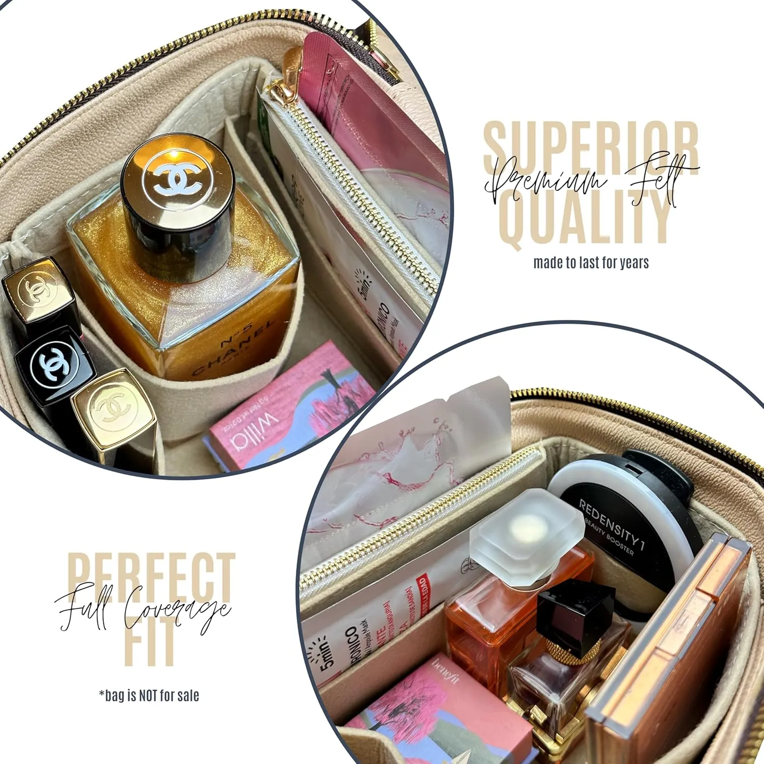 Divitize Premium Bag Organizer for Nice bb Organizer Insert, Handmade Liner Protector Fits Nice Mini Vanity PM Organizer, Nice Makeup Bag Felt Snug Sturdy Fit (Nice BB, Beige)