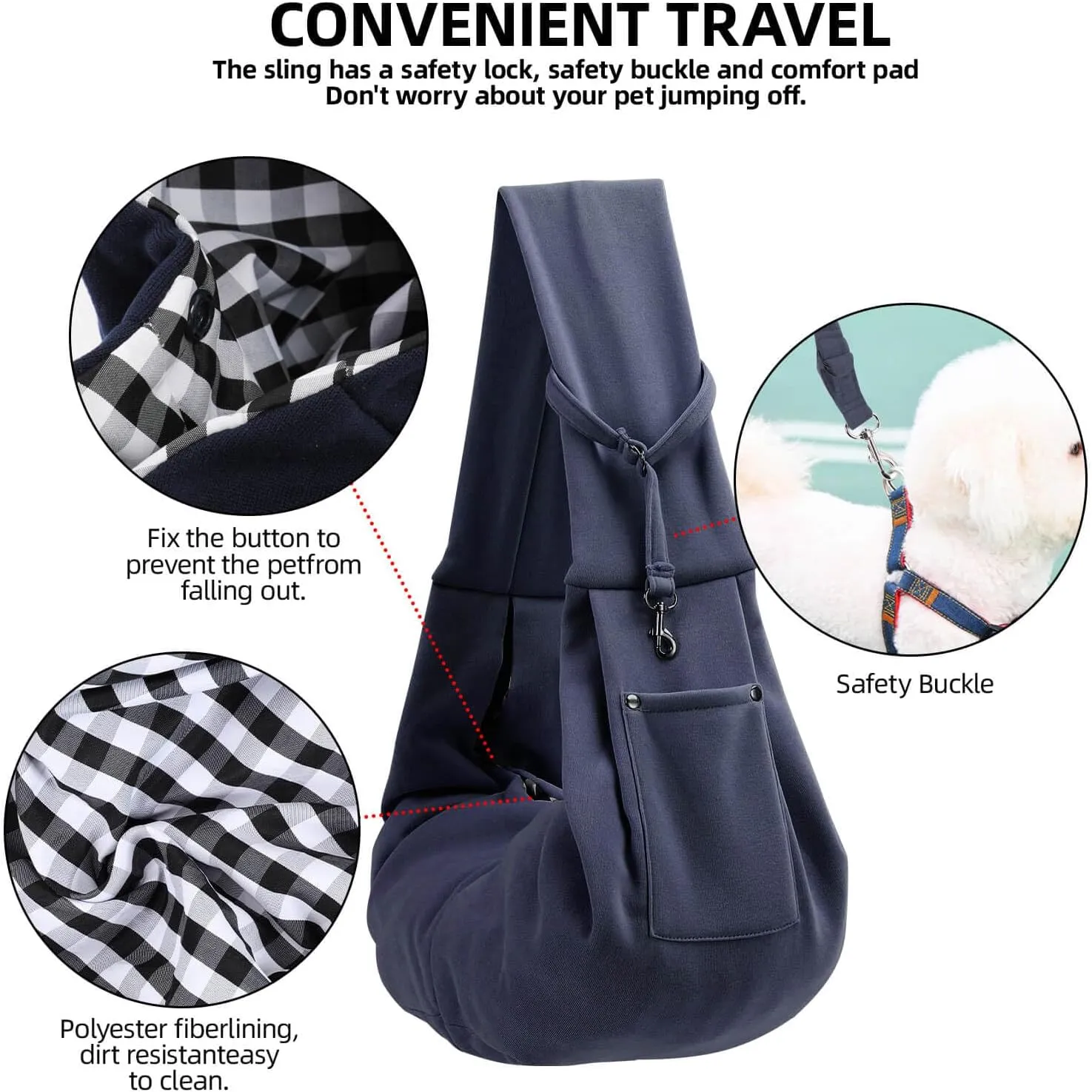 Dog Carrier Sling - Reversible Puppy Carrier Purse with Storage Pocket, Hand-Free Dog Sling Carrier for Carry Small Dogs and Cats, Travel Safety Harness, Dog and Cat Harness (Dark Blue)