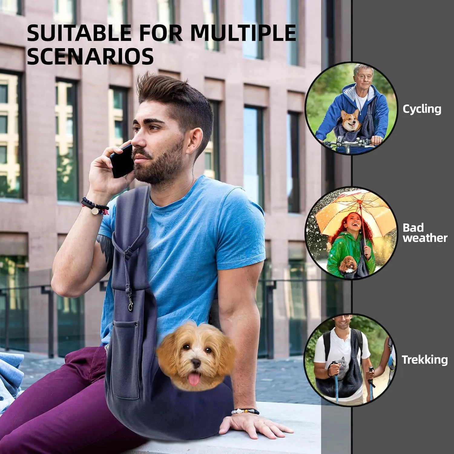 Dog Carrier Sling - Reversible Puppy Carrier Purse with Storage Pocket, Hand-Free Dog Sling Carrier for Carry Small Dogs and Cats, Travel Safety Harness, Dog and Cat Harness (Dark Blue)