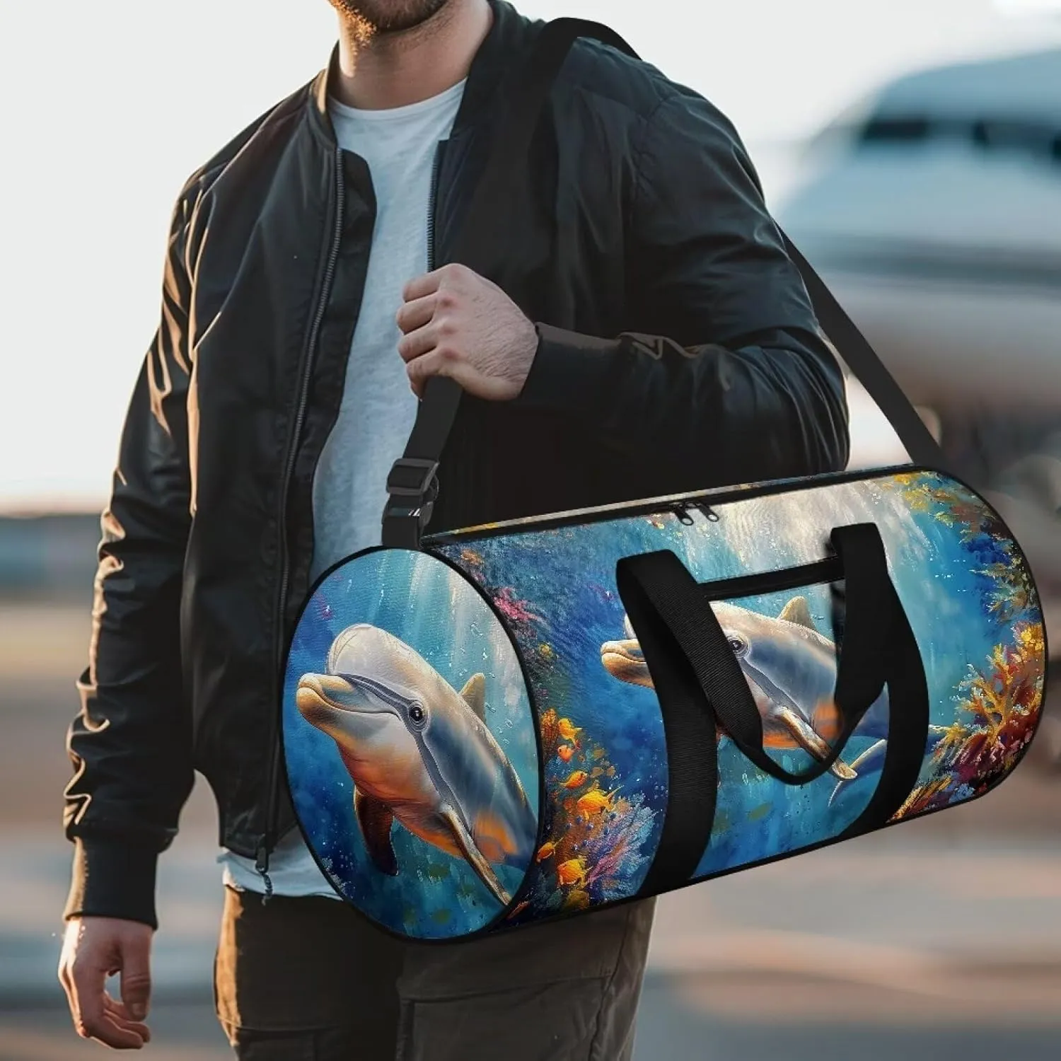 Dolphin Fish Seaweed Print Travel Duffle Bag, Weekend Travel Bag Gym Bag for Women and Men, Overnight Bag Luggage Bag with An Anti-Theft Pocket