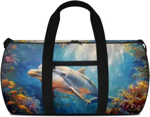 Dolphin Fish Seaweed Print Travel Duffle Bag, Weekend Travel Bag Gym Bag for Women and Men, Overnight Bag Luggage Bag with An Anti-Theft Pocket