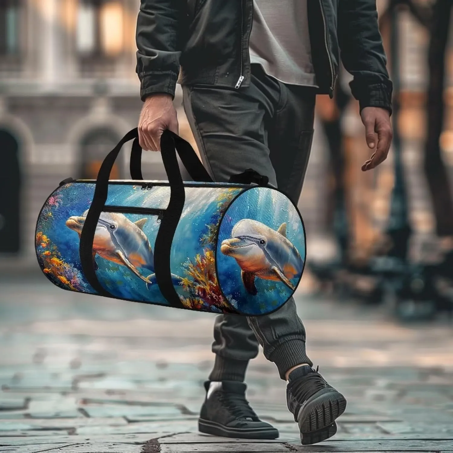 Dolphin Fish Seaweed Print Travel Duffle Bag, Weekend Travel Bag Gym Bag for Women and Men, Overnight Bag Luggage Bag with An Anti-Theft Pocket