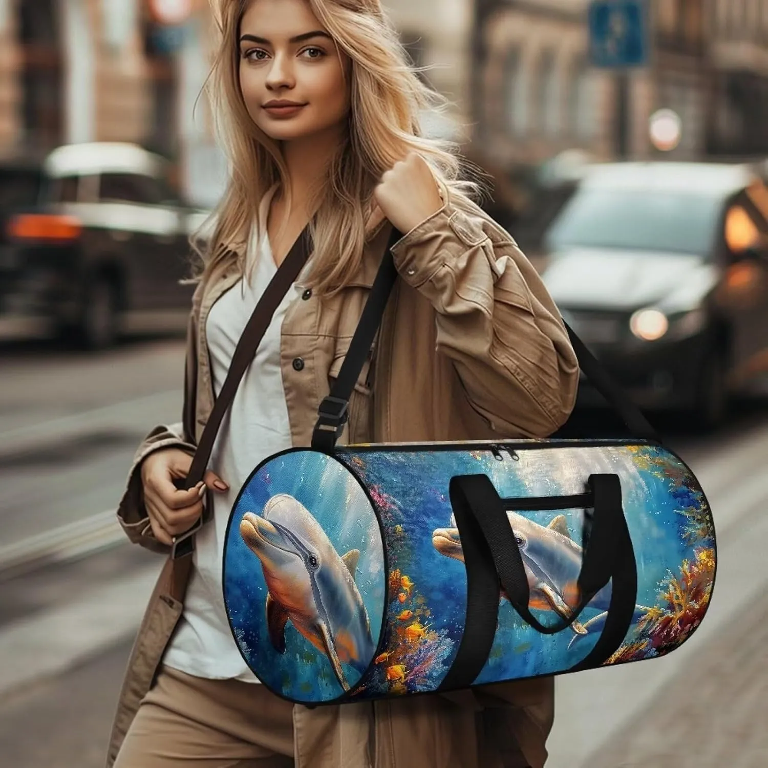 Dolphin Fish Seaweed Print Travel Duffle Bag, Weekend Travel Bag Gym Bag for Women and Men, Overnight Bag Luggage Bag with An Anti-Theft Pocket