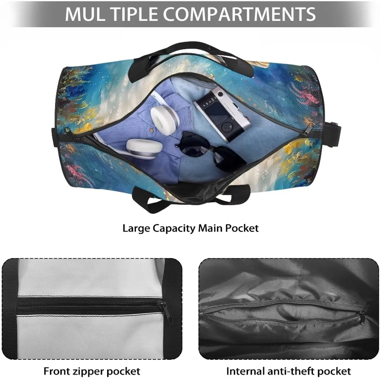 Dolphin Fish Seaweed Print Travel Duffle Bag, Weekend Travel Bag Gym Bag for Women and Men, Overnight Bag Luggage Bag with An Anti-Theft Pocket