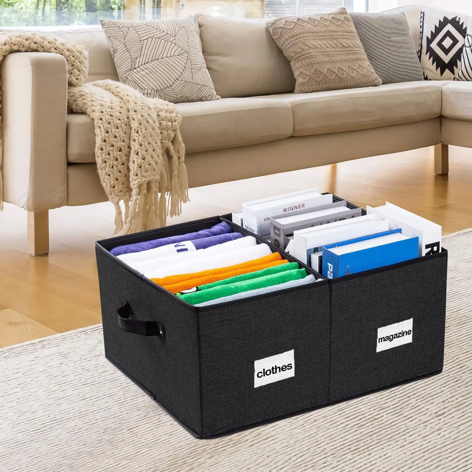 DOUBLE R BAGS Decorative Fabric Storage Boxes with Lid (Black, Pack Of 2 Large)