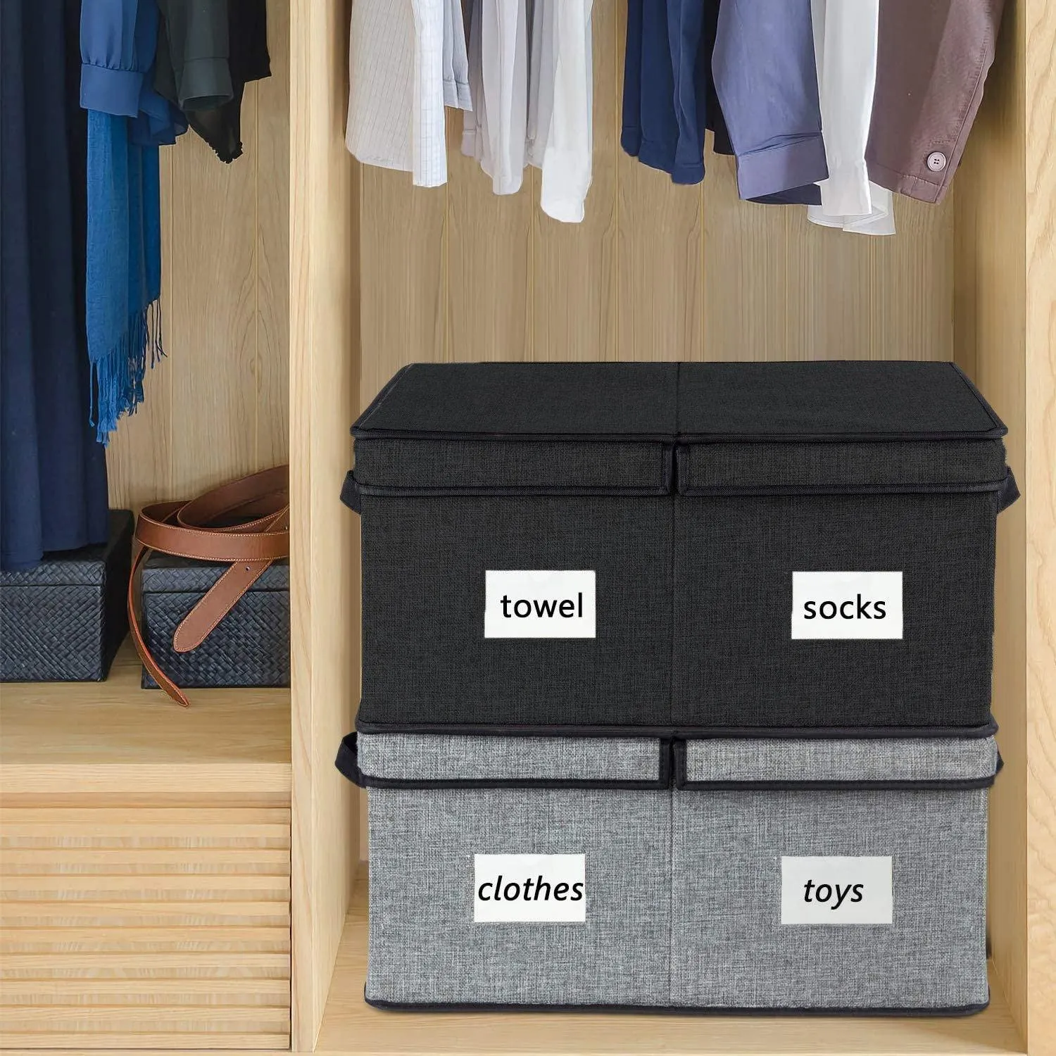 DOUBLE R BAGS Decorative Fabric Storage Boxes with Lid (Black, Pack Of 2 Large)