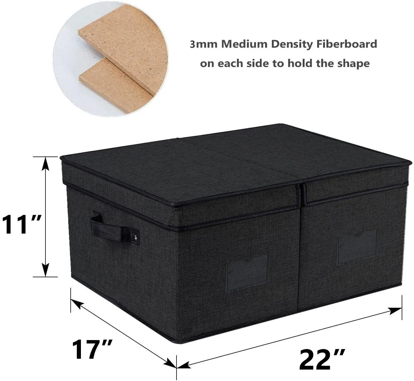 DOUBLE R BAGS Decorative Fabric Storage Boxes with Lid (Black, Pack Of 2 Large)