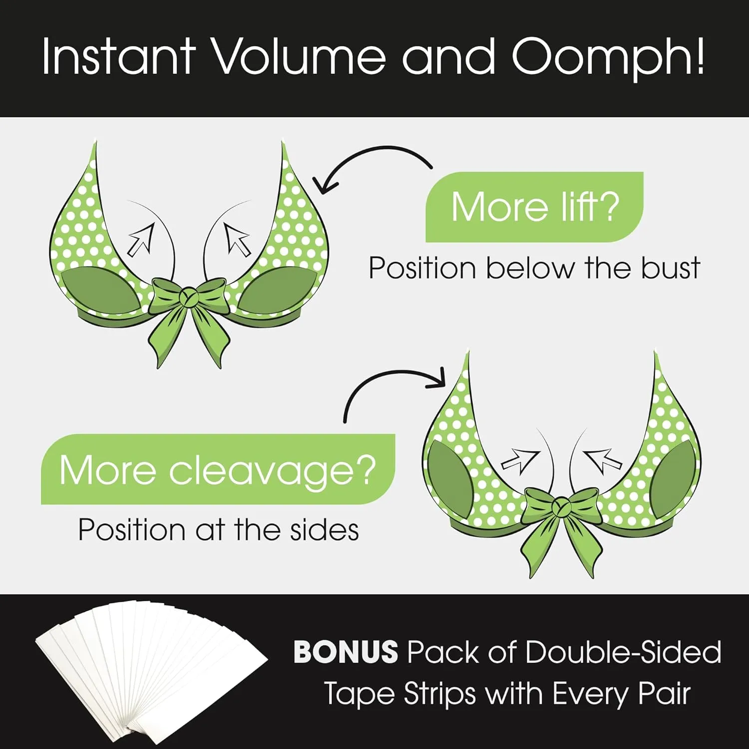 Double Scoop® Push Up Inserts w/Bonus Tape Sticky Strips, Instant Breast Implants, Replacement Bra Pads, Add a Cup A/B,C,D
