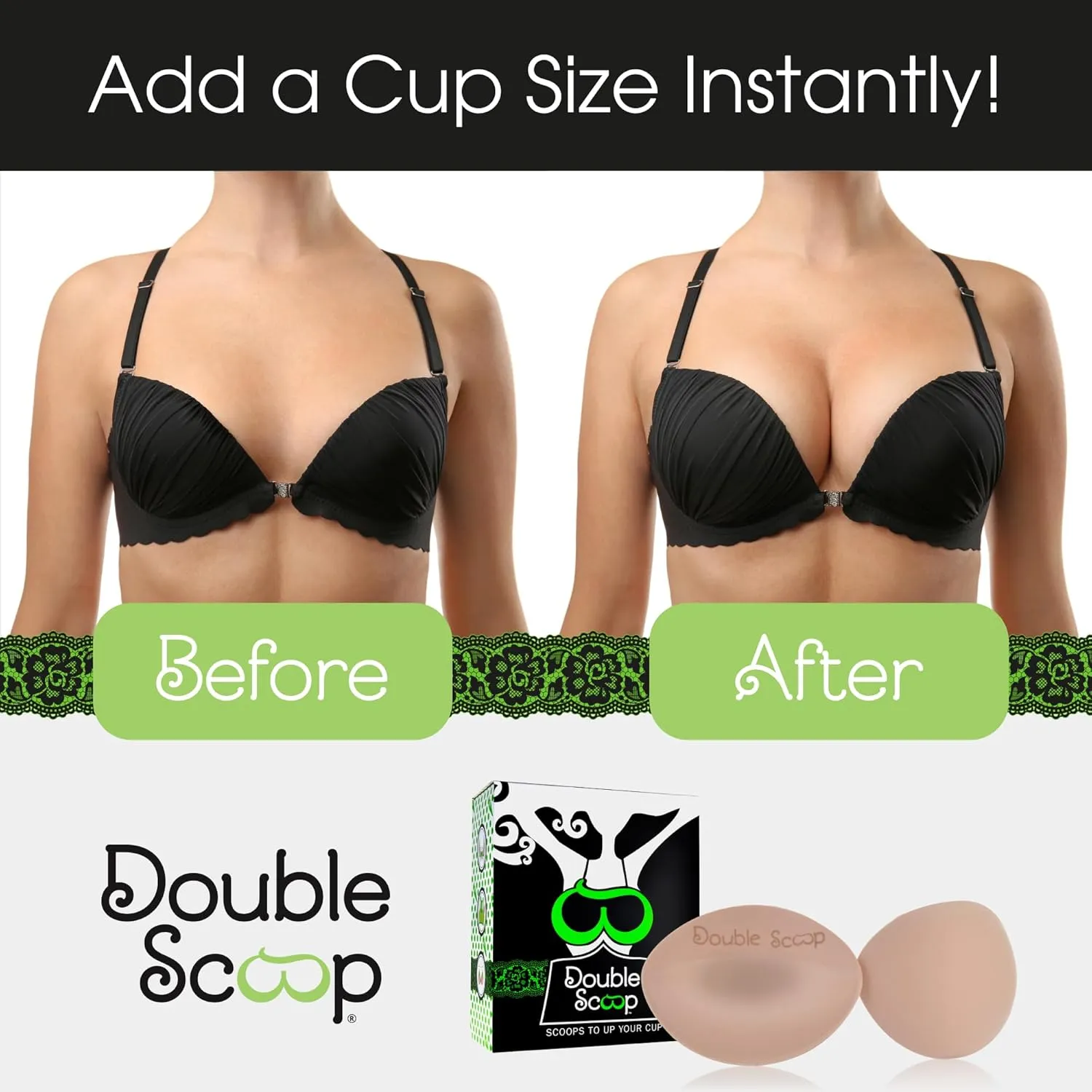 Double Scoop® Push Up Inserts w/Bonus Tape Sticky Strips, Instant Breast Implants, Replacement Bra Pads, Add a Cup A/B,C,D