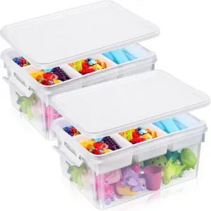 DoubleFill 2 Pack 17 Qt Plastic Storage Box Block Storage Box with Building Baseplate Lid and Removable Tray Clear Stackable Craft Organizers Bins for Building Blocks Bead Sewing Crayon