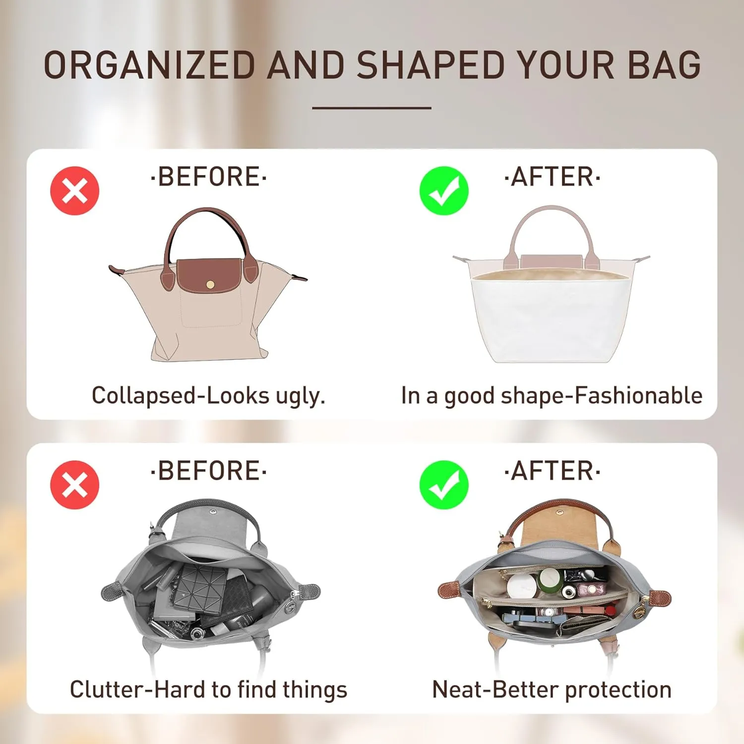 Doxo Long Champ Organizer Insert, Bag Organizer Insert for le pliage Large and More, Lightweight Waterproof DupontPaper, Keeps Handbags Shaped & Neat, 6 Compartments, 4 Size (Black, L)