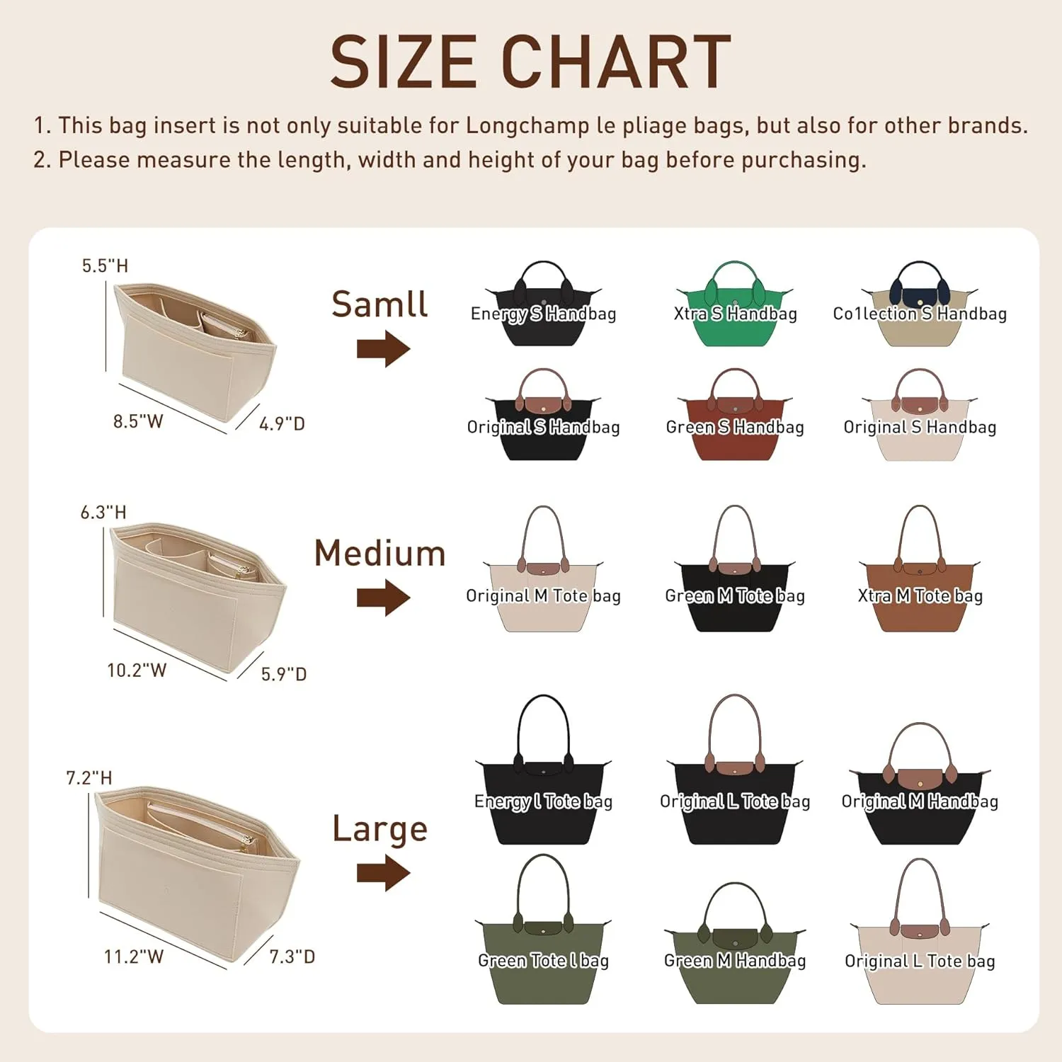 Doxo Longchamp Organizer Insert Large, Felt Bag Organizer with Cup Holder,Suitable for le pliage Handbag More(Beige,L)