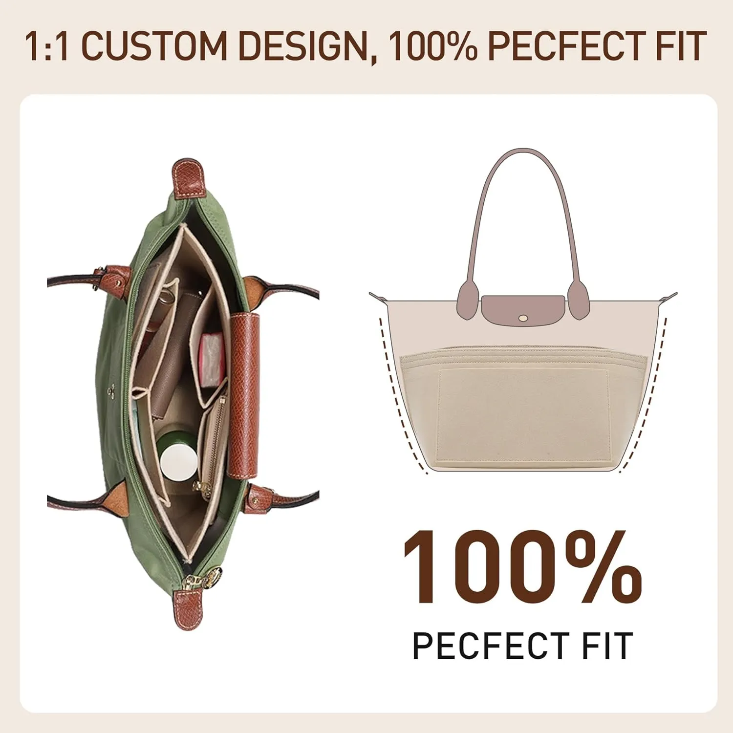 Doxo Longchamp Organizer Insert Large, Felt Bag Organizer with Cup Holder,Suitable for le pliage Handbag More(Beige,L)