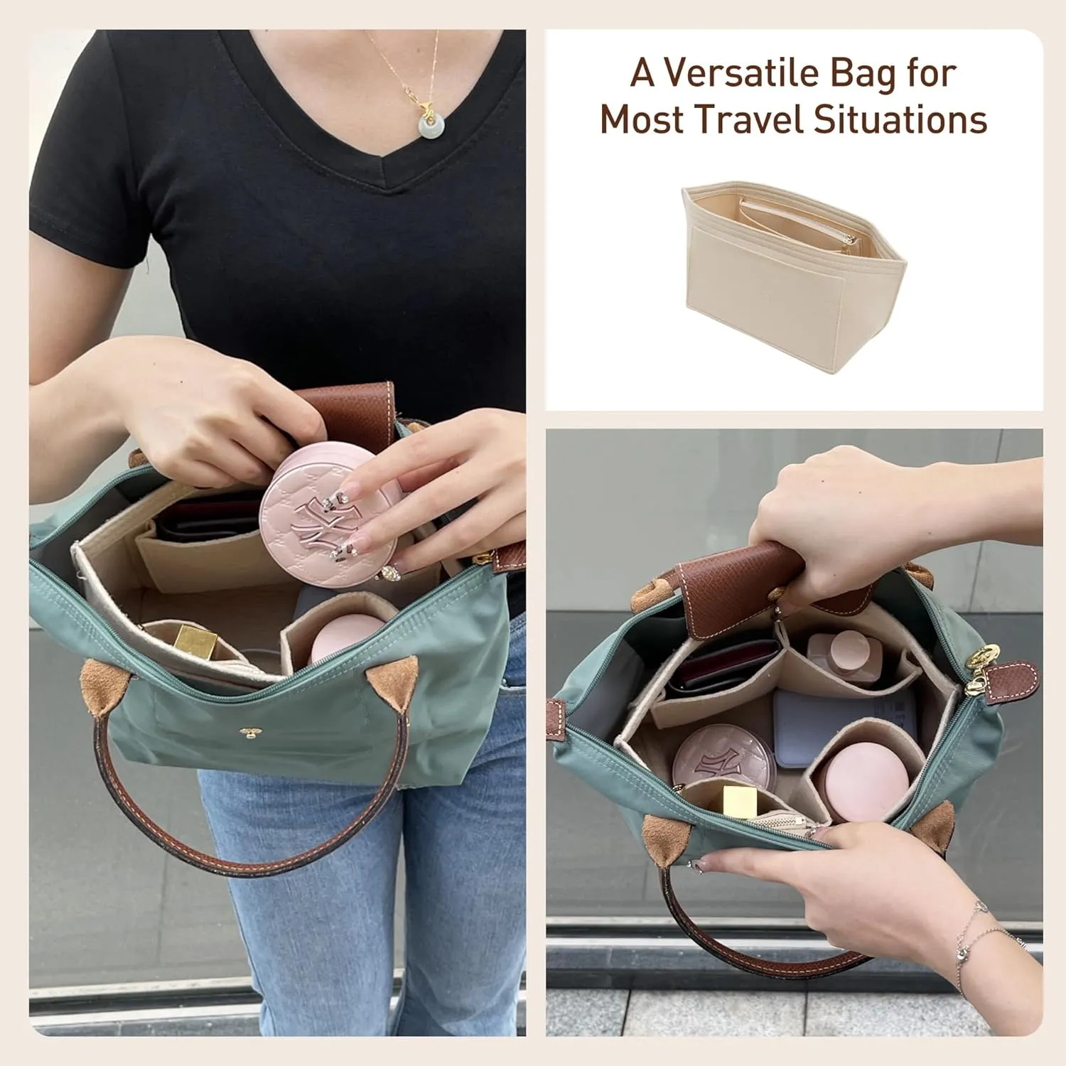 Doxo Longchamp Organizer Insert Large, Felt Bag Organizer with Cup Holder,Suitable for le pliage Handbag More(Beige,L)