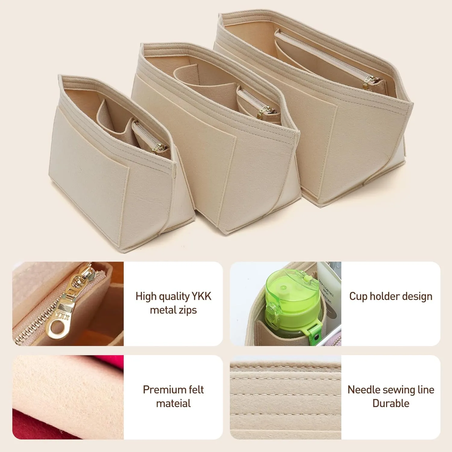 Doxo Longchamp Organizer Insert Large, Felt Bag Organizer with Cup Holder,Suitable for le pliage Handbag More(Beige,L)