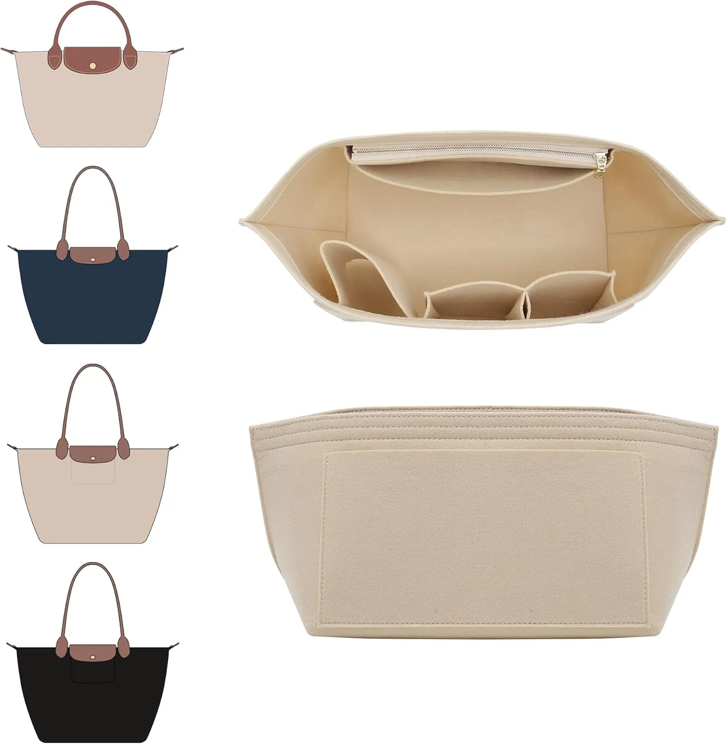 Doxo Longchamp Organizer Insert Large, Felt Bag Organizer with Cup Holder,Suitable for le pliage Handbag More(Beige,L)