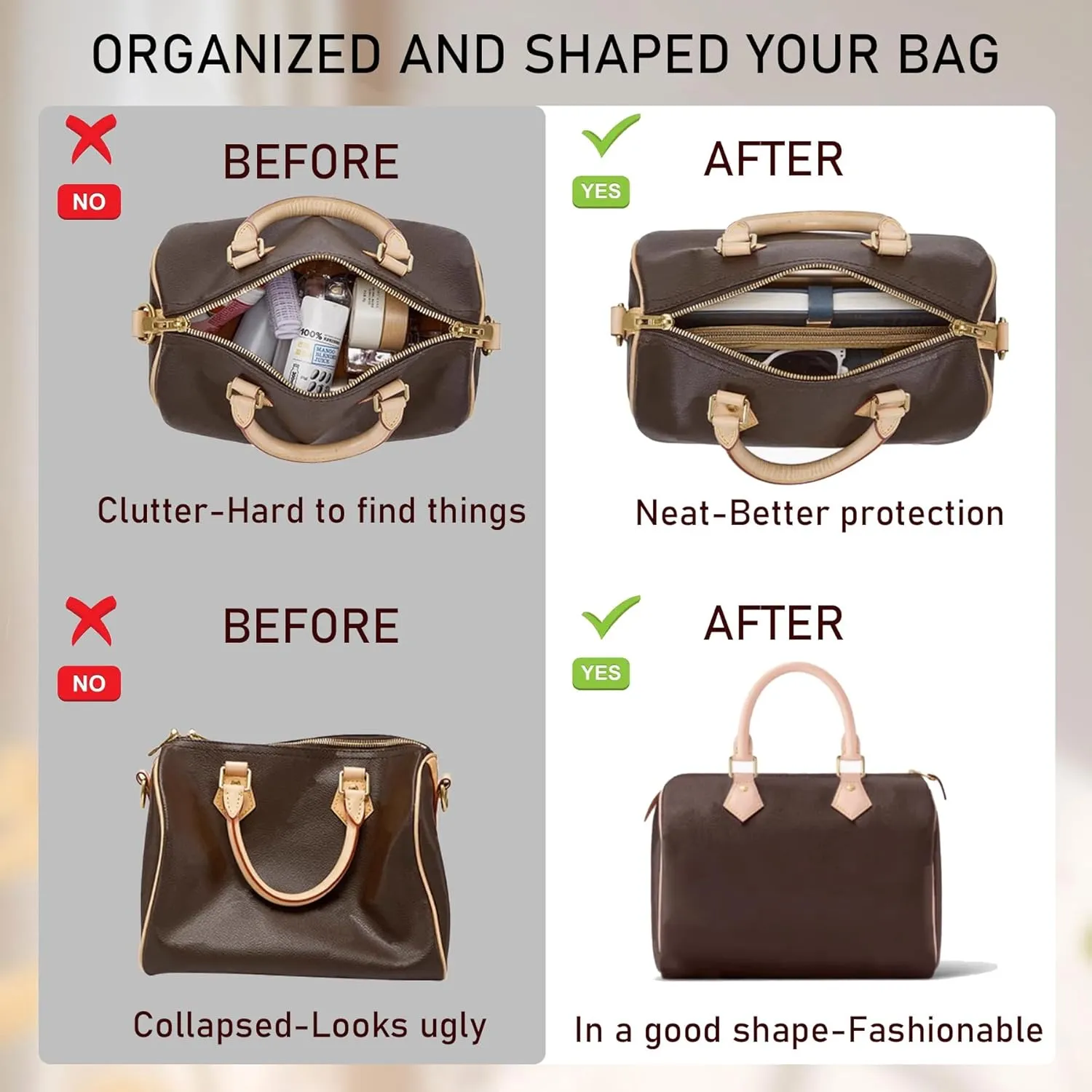 Doxo Purse Organizer Insert for Handbags & Base Shaper 2pc Set, Compatible with Speedy 25 Bag Organizer, Lepliage S,Nererfull,ONTHEGO,Carryall,Graceful,Noe,Book Tote Bag and More(M-Black)