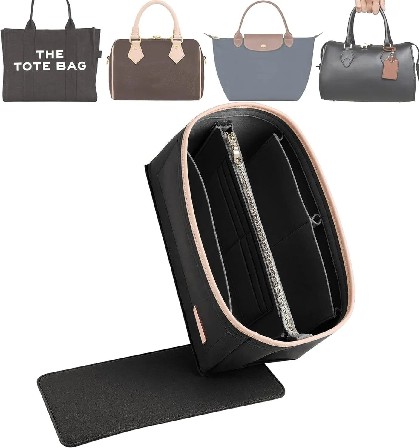 Doxo Purse Organizer Insert for Handbags & Base Shaper 2pc Set, Compatible with Speedy 25 Bag Organizer, Lepliage S,Nererfull,ONTHEGO,Carryall,Graceful,Noe,Book Tote Bag and More(M-Black)