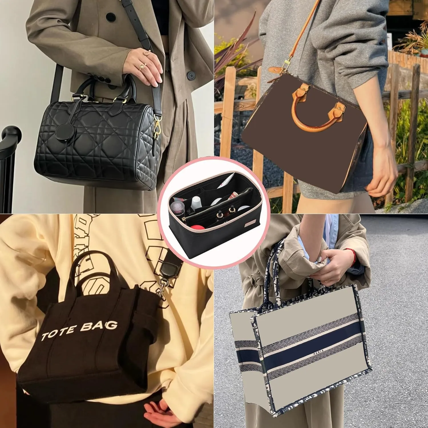 Doxo Purse Organizer Insert for Handbags & Base Shaper 2pc Set, Compatible with Speedy 25 Bag Organizer, Lepliage S,Nererfull,ONTHEGO,Carryall,Graceful,Noe,Book Tote Bag and More(M-Black)