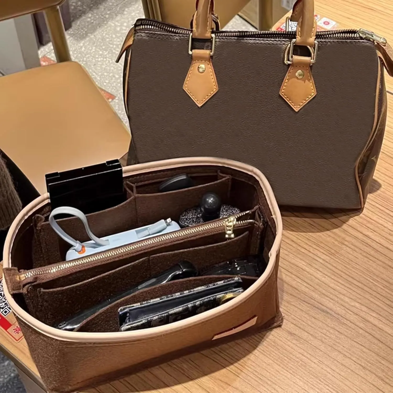 Doxo Purse Organizer Insert for Handbags & Base Shaper 2pc Set, Compatible with Speedy 25 Bag Organizer, Lepliage S,Nererfull,ONTHEGO,Carryall,Graceful,Noe,Book Tote Bag and More(M-Black)