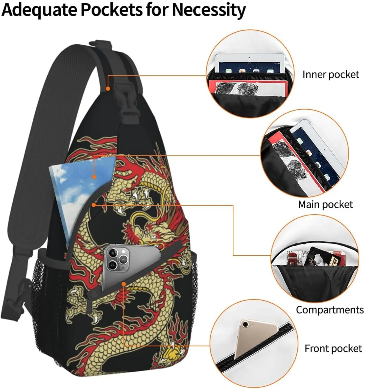 Dragon Pattern Sling Backpack Crossbody Sling Bag for Women Men Multipurpose Travel Hiking Chest Bag Daypack