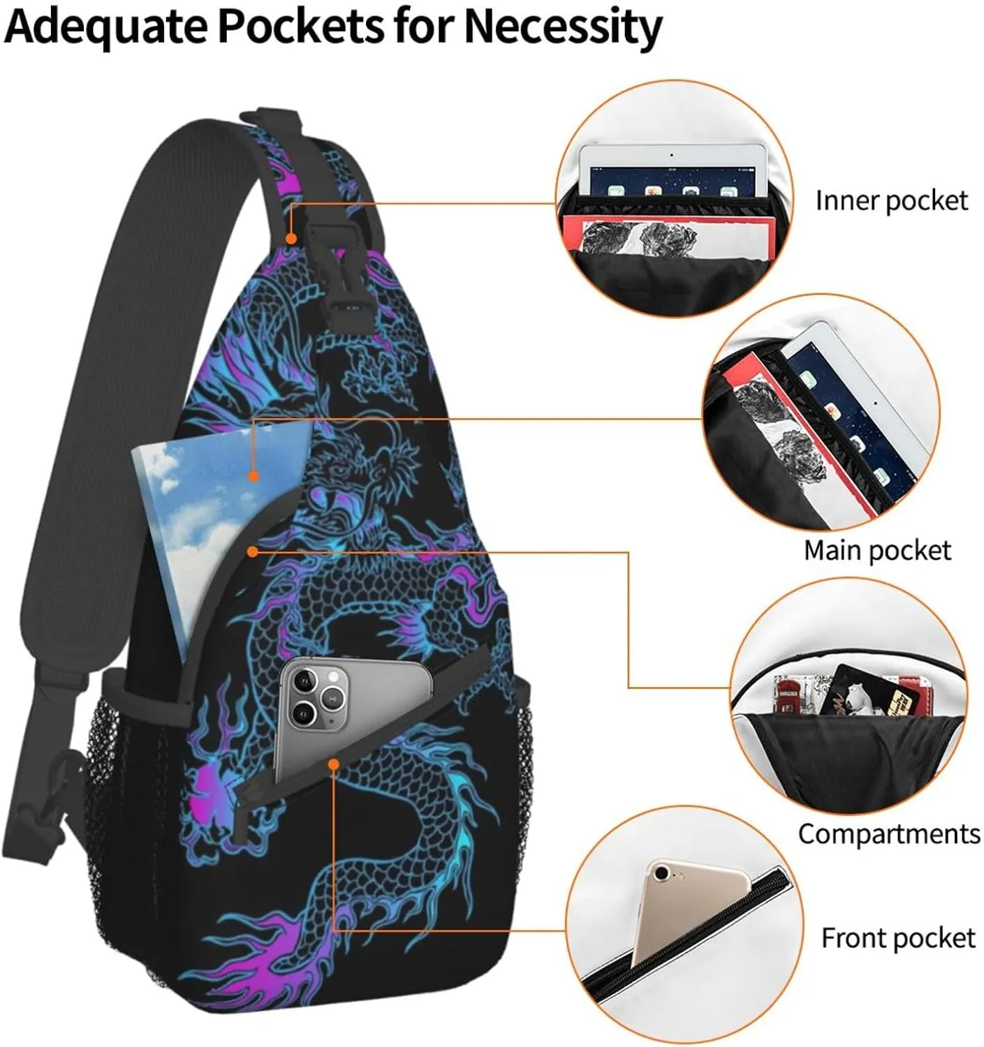 Dragon Pattern Sling Backpack Crossbody Sling Bag for Women Men Multipurpose Travel Hiking Chest Bag Daypack