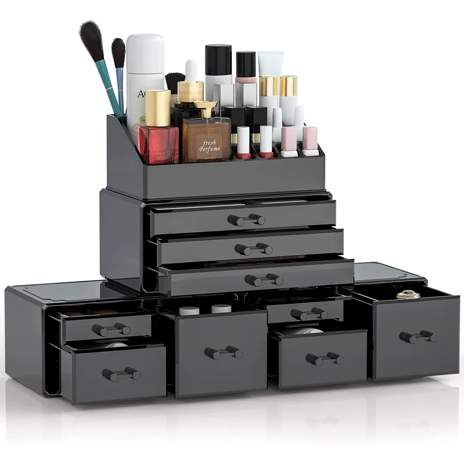 DreamGenius Makeup Organizer 4 Pieces Acrylic Makeup Storage Box with 9 Drawers for Lipstick Jewerly and Makeup Brushes, Stackable Vanity Oragnizer for Dresser and Bathroom Countertop, Clear