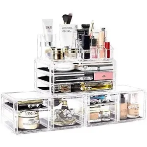 DreamGenius Makeup Organizer 4 Pieces Acrylic Makeup Storage Box with 9 Drawers for Lipstick Jewerly and Makeup Brushes, Stackable Vanity Oragnizer for Dresser and Bathroom Countertop, Clear