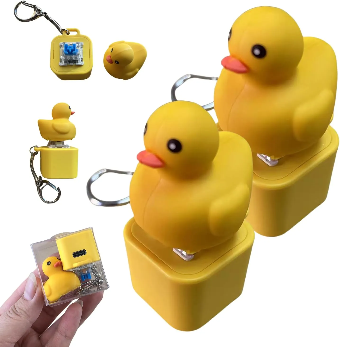 Duckys Quacking Fidget Toy, Quacking Duck Keychain, Quacking Duck Fidget Toy Keychain Stress Reliever Squeaky, Little Yellow Duck Key Chain with Sound and Light (2 PCS)