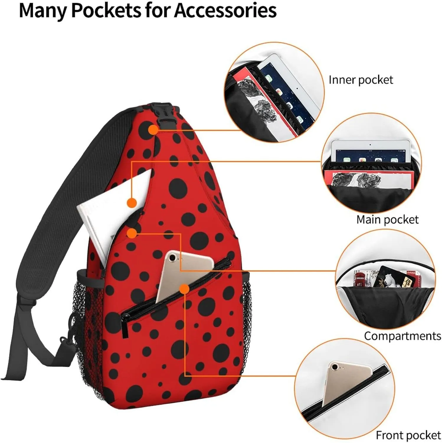 Dujiea Crossbody Backpack For Men Women Sling Bag, Polka Dot Ladybug Chest Bag Shoulder Bag Lightweight One Strap Backpack Multipurpose Travel Hiking Daypack