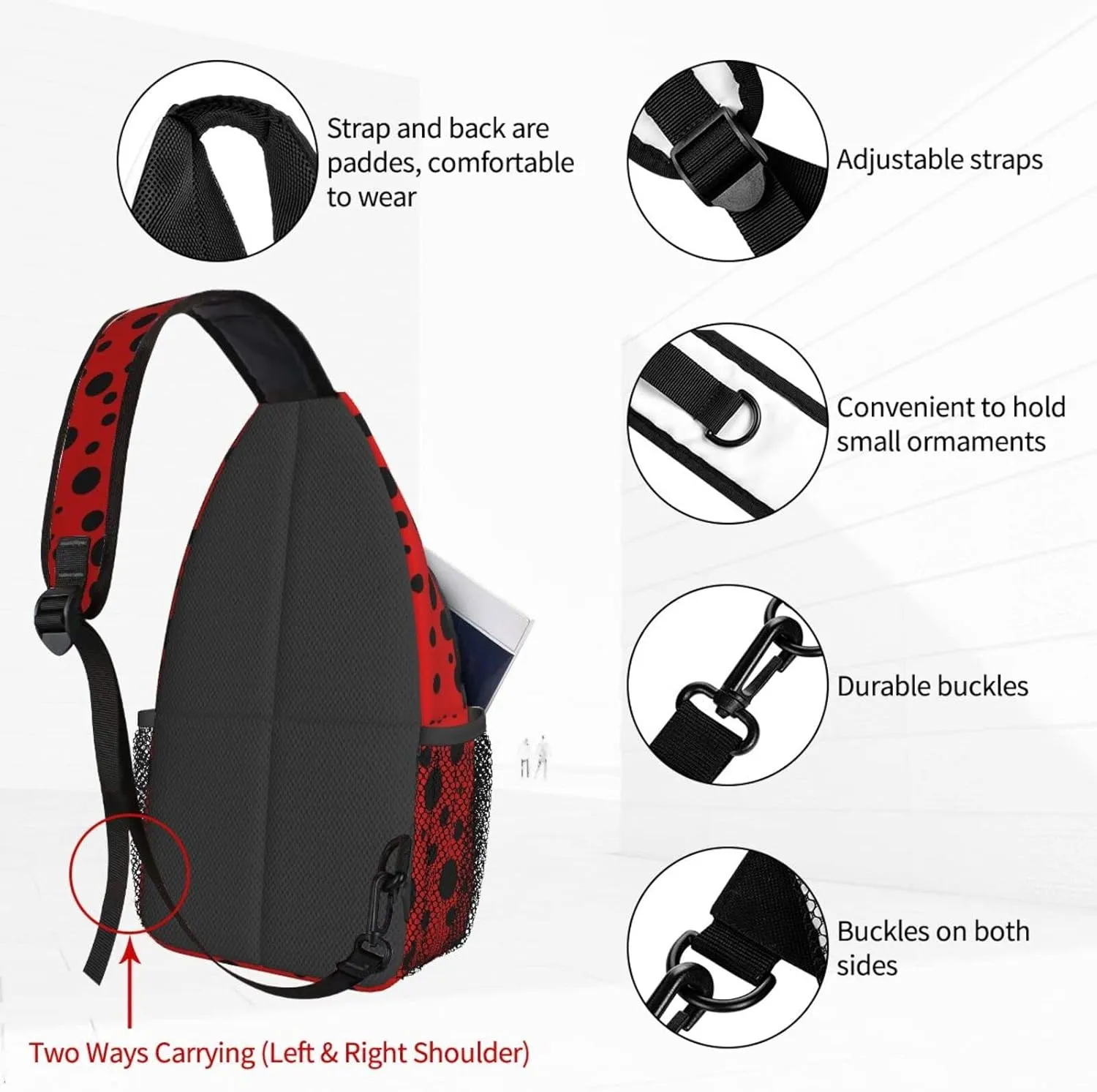Dujiea Crossbody Backpack For Men Women Sling Bag, Polka Dot Ladybug Chest Bag Shoulder Bag Lightweight One Strap Backpack Multipurpose Travel Hiking Daypack