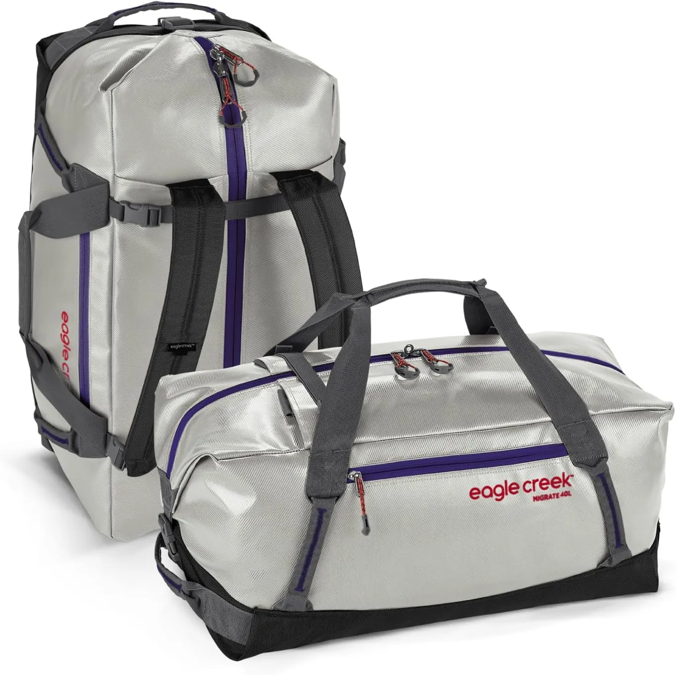 Eagle Creek Migrate 40L Travel Backpack Duffle Bag with Tuck-Away Backpack Straps, Full-Access Wide Mouth Opening & Seamless Bottom Bathtub Construction, Silver