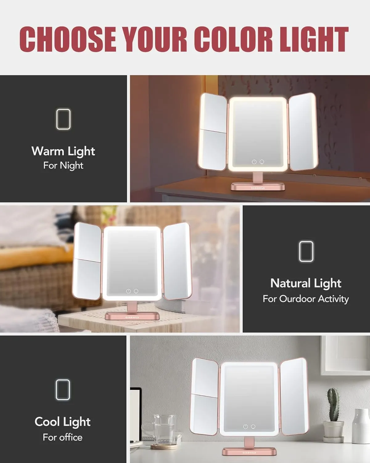 EASEHOLD Rechargable Makeup Mirror Vanity Mirror with Lights, 5000Mah & USB Cable, 112 LEDs Lighted Trifold Mirror with 1X 2X 3X 10X Magnification, Smart Touch, Portable Cosmetic Beauty Mirror