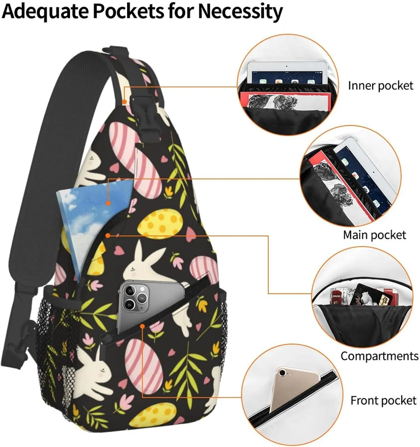 Easter Bunny And Eggs Sling Bag Chest Shoulder Backpack Crossbody Easter Gifts Bags Casual Daypack for Men Women