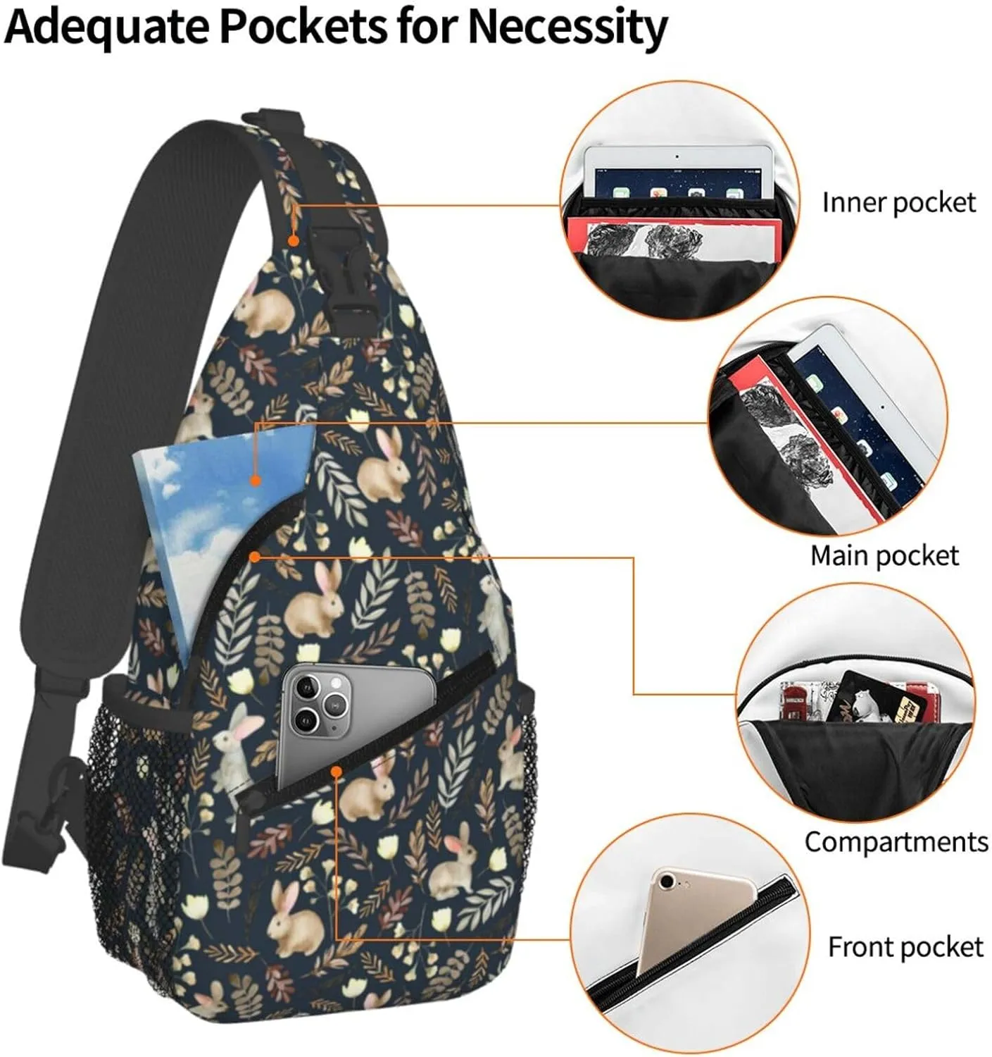 Easter Sling Bags With Adjustable Strap Crossbody Chest Bag Cute Easter Bunny Backpack for Casual Traveling,Hiking