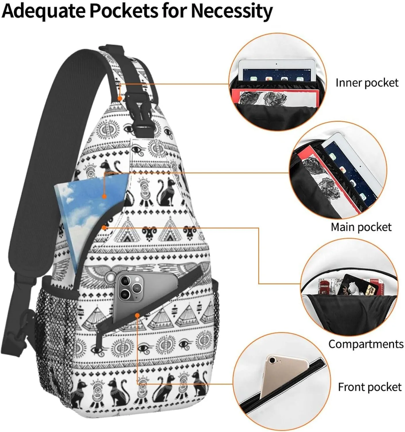 Egyptian Notes Crossbody Bag Hieroglyphs Shoulder Bag Backpack Ancient Egyptian Sling Bag Chest Casual Daypack