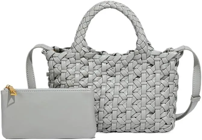 Elegant Braided Tote Bag with Removable Shoulder Strap and Clutch