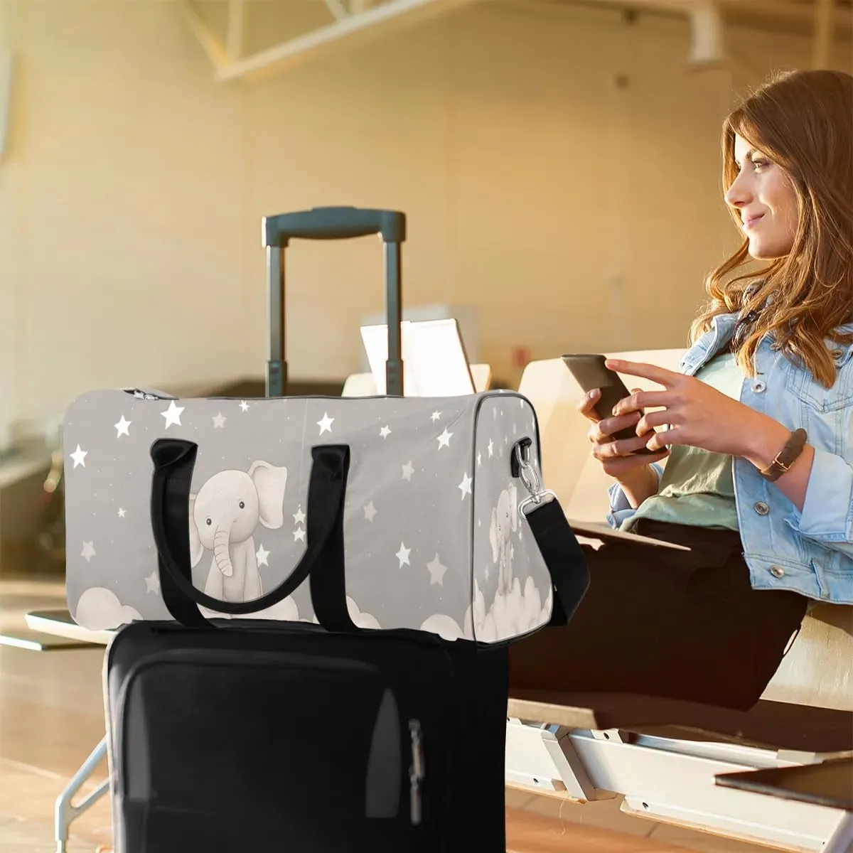 Elephant Printing Travel Duffel Bag for Women Men Waterproof Foldable Overnight Weekender Bag Large Capacity Sports Gym Bag