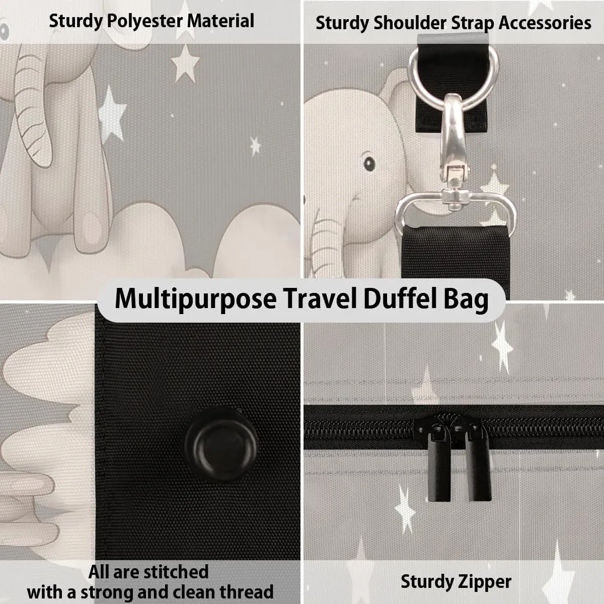 Elephant Printing Travel Duffel Bag for Women Men Waterproof Foldable Overnight Weekender Bag Large Capacity Sports Gym Bag