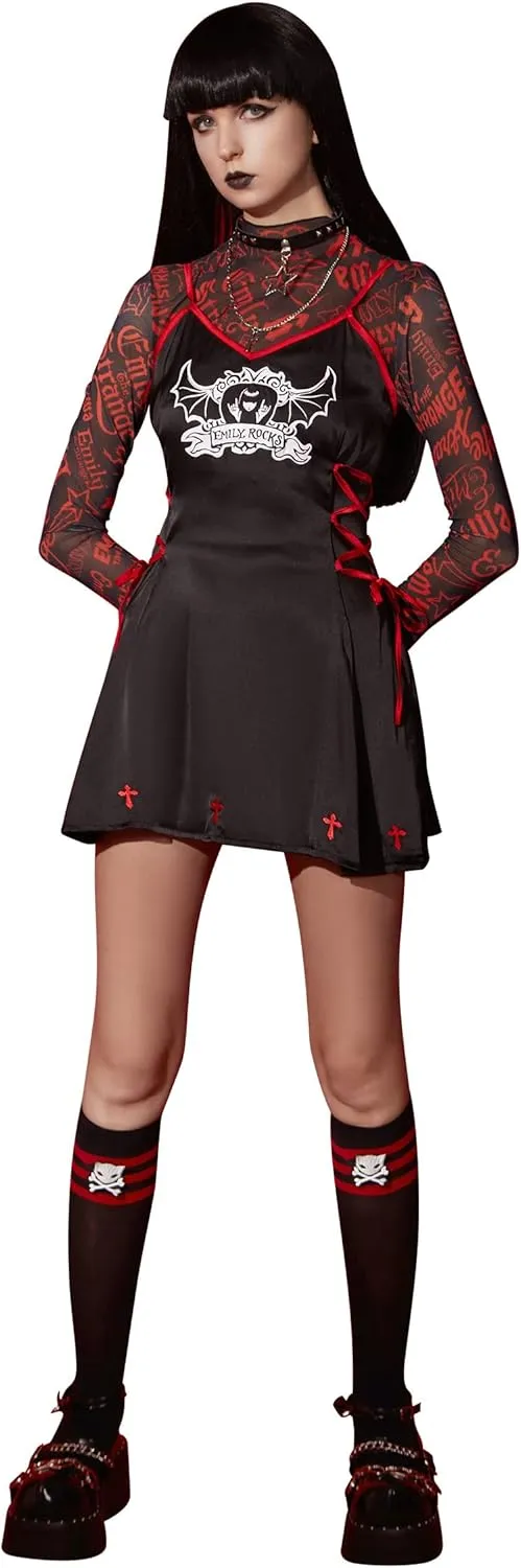 Emily the Strange Girls Lace-Up Dress Set Bat Print Sling Dress Halloween Costume