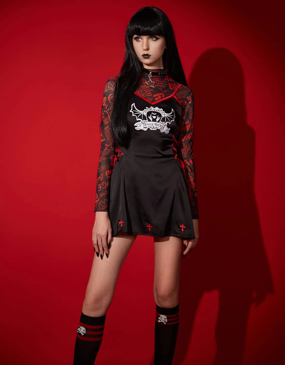 Emily the Strange Girls Lace-Up Dress Set Bat Print Sling Dress Halloween Costume